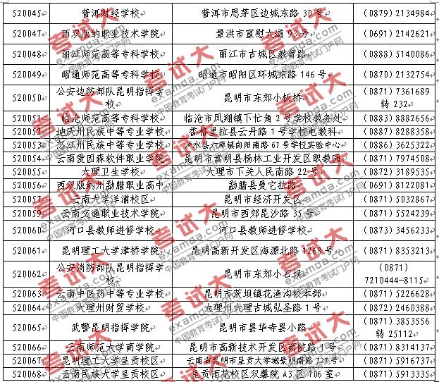 云南省2010年上半年第31次全國計算機等級考試（NCRE）考點設置